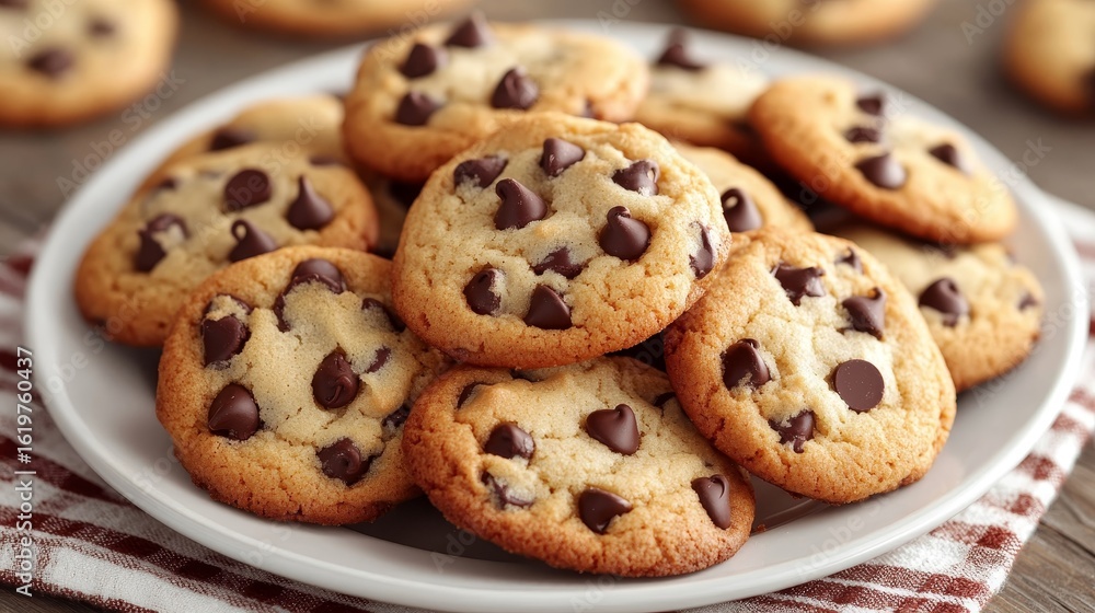 Deliciously Irresistible Freshly Baked Cream Colored Chocolate Chip Cookies on a Rustic Wooden Table Deliciously Irresistible Freshly Baked Cream Colored Chocolate Chip Cookies on a Rustic Wooden Table