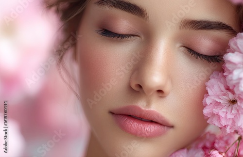A portrait of an elegant woman with closed eyes, surrounded by delicate pink flowers and soft pastel colors, embodying the beauty concept for women's cosmetic products