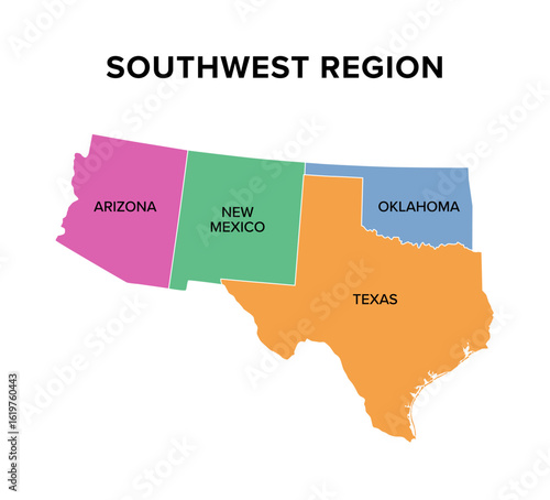 Southwest region of United States, colored map. Also Southwestern United States, American Southwest, or simply Southwest, a geographic region, consisting of Arizona, New Mexico, Oklahoma, and Texas.