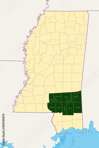 Pine Belt, or Piney Woods, a region in Southeast Mississippi, political map. The region includes nine counties, highlighted in dark green, and get its name from longleaf pine trees, that are abundant.