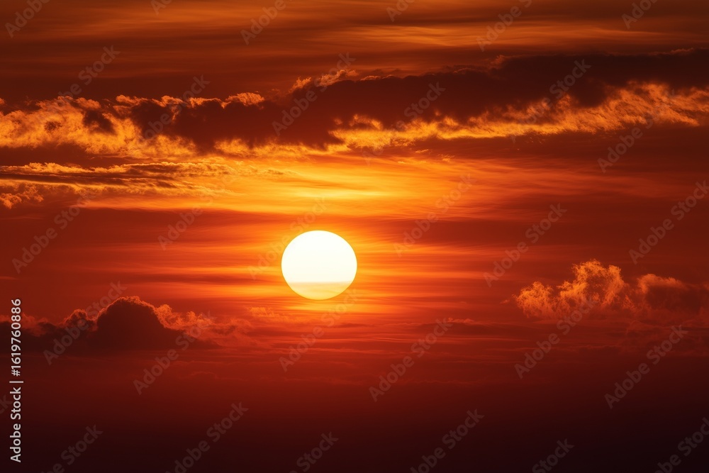 Obraz premium Aerial view of a vivid orange sunset casting warm light over the calm sea, with glowing reflections on the water surface and a tranquil horizon, capturing the serene beauty of nature from above