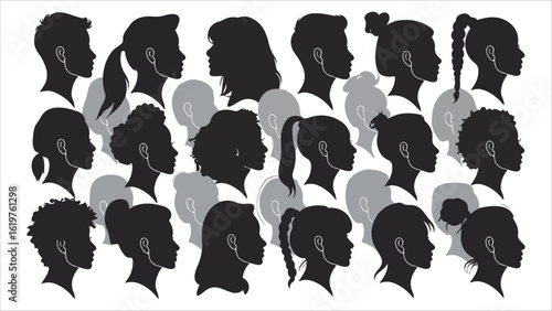 A collection of diverse head silhouettes with various hairstyles in black and gray on white background