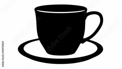 Illustration of a black coffee cup with a handle sitting on a matching black saucer on a white background silhouette