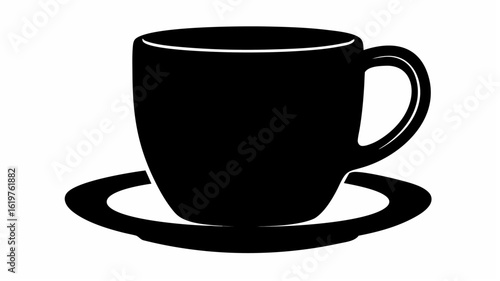 A simple black silhouette of a coffee cup sitting on a saucer with a handle on the right side view image