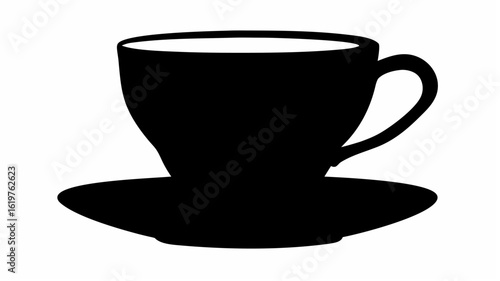 Silhouette of a teacup with a handle sitting on a saucer against a white background in a simple design