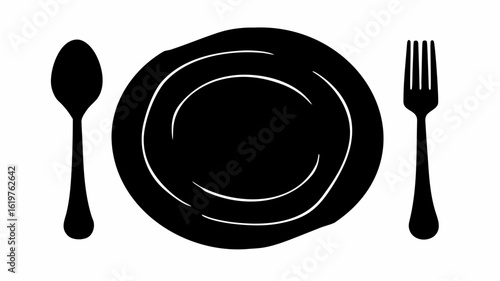 Black and white illustration of a plate with curved lines a spoon and a fork on a white background style silhouette