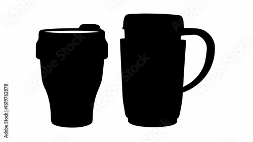 Silhouette of two insulated containers, one with a handle and one with a lid, on a white background