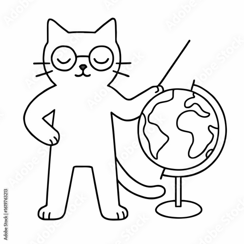 Cartoon cat with glasses teaching geography using a globe and pointer. Whimsical educational character ideal for school visuals, children’s content, and playful learning materials.