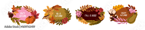 Set of botanical autumn wreaths. Circle frames from fall leaves and mushrooms. Place for text with border from fallen foliage, pine paws, cones, berries. Flat isolated vector illustrations on white