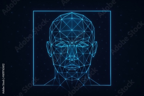 Futuristic digital human head wireframe with glowing blue lines