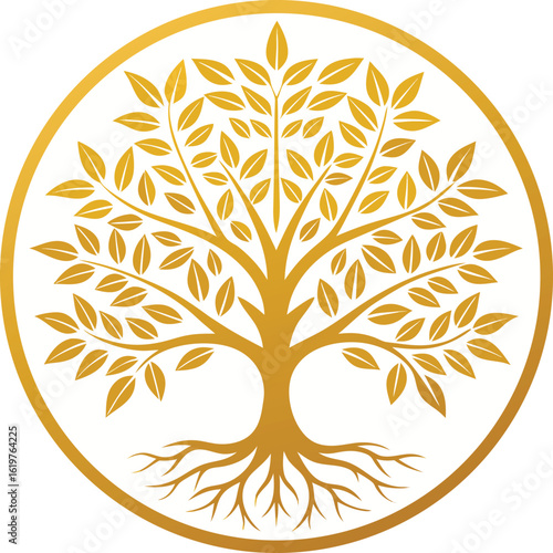 Golden tree of life emblem within a circular border symbolizing growth connection and eternity