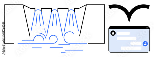 Abstract waterfall representing task flow, chat interface symbolizing communication. Ideal for teamwork, collaboration, project management, messaging, productivity tools, automation, simple landing