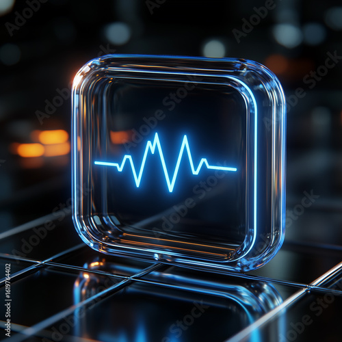 A glowing blue heartbeat line displayed in a transparent box, symbolizing health and technology in a modern setting