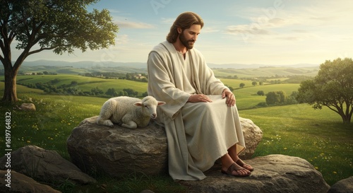 Man Sitting on Rock with Lamb in Peaceful Meadow Landscape