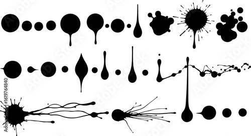 Vector art of collection of black ink splashes and drops isolated on white background