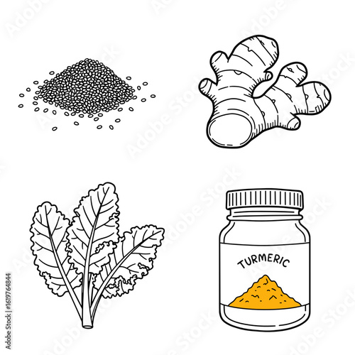 Outline icon set of Detox. Superfoods for Detox: Chia seeds, Ginger root, Kale leaves, Turmeric powder jar