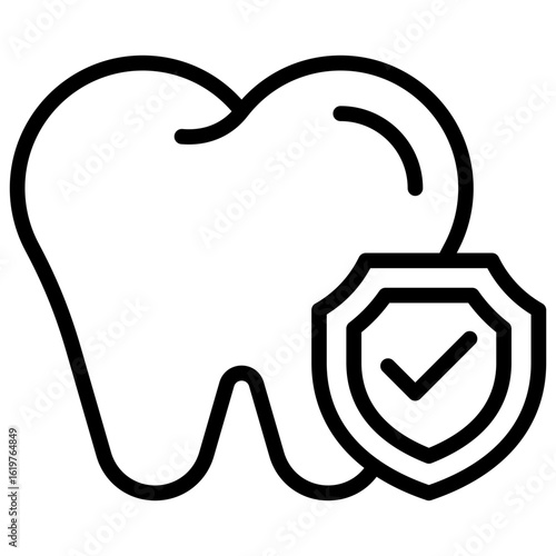 Protected Teeth Outline Icon Vector Design - Two teeth with a shield and checkmark, representing dental protection, oral insurance, and safety assurance