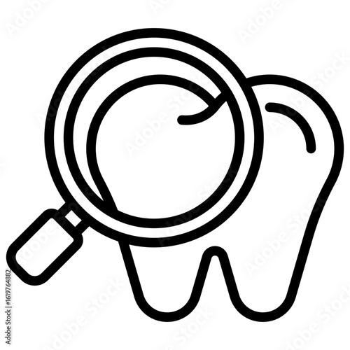 Tooth Check Outline Icon Vector Design - tooth under a magnifying glass, representing dental inspection, cavity detection, and oral diagnostics