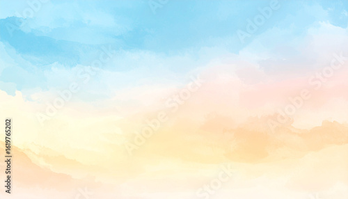 Abstract watercolor background with a gradient of blue, yellow, and pink, creating a soft, dreamy effect.