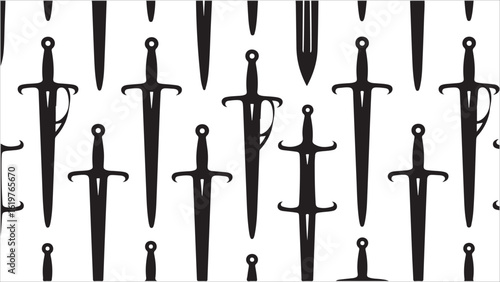 Repeating pattern of black sword silhouettes on a white background in a uniform arrangement