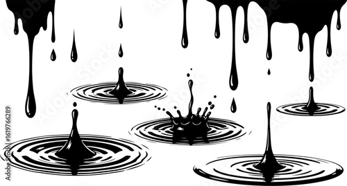 Vector art of black ink drops splashing into water creating ripples isolated on white