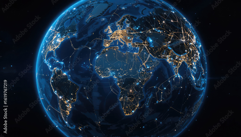 Naklejka premium A digital earth globe showing continents illuminated with city lights and network connections