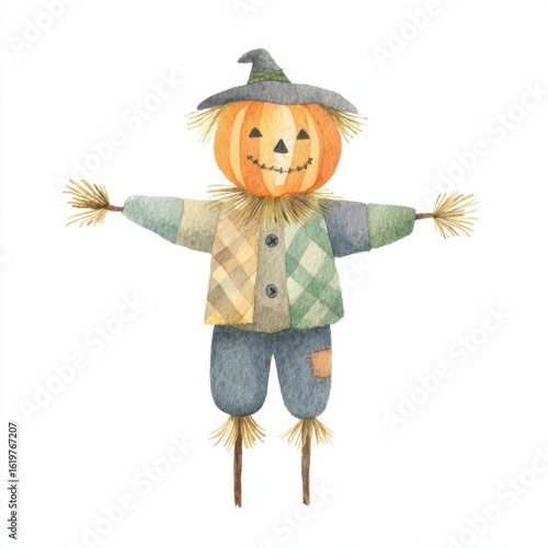 Whimsical Watercolor Scarecrow with Pumpkin Head and Patchwork Clothes on White Background - Halloween Illustration in Watercolor Style