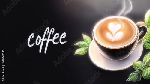 A steaming cup of coffee with a heart-shaped latte art, surrounded by fresh green leaves on a dark background