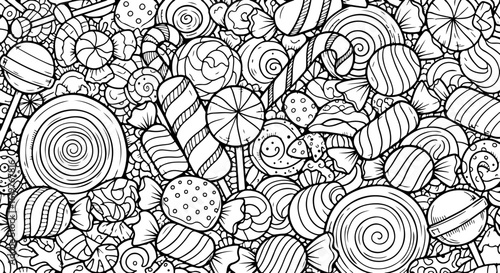 Vector art of assortment of candies and lollipops in black and white sketch style