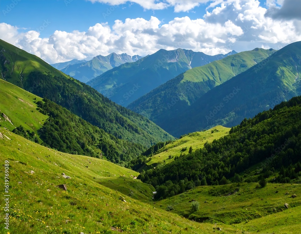 Fototapeta premium Lush mountain valley under a vibrant sky