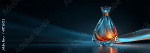 Glass perfume bottle with blue liquid for product banner