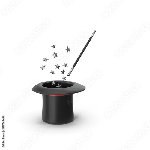 Magic Top Hat with Wand and Stars isolated on transparent background, 3d , PNG