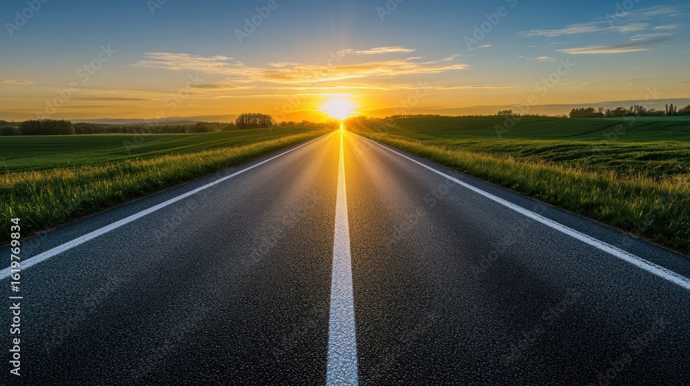 Naklejka premium A scenic road stretches towards a vibrant sunset.