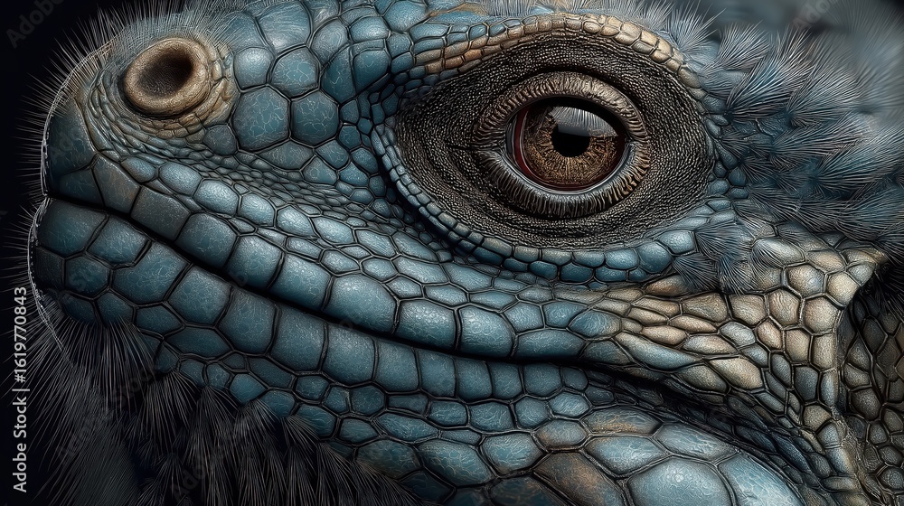 Fototapeta premium 青い鱗と毛羽立った皮膚を持つ爬虫類の目のクローズアップ | Close-up of a reptile eye with blue scales and fuzzy skin