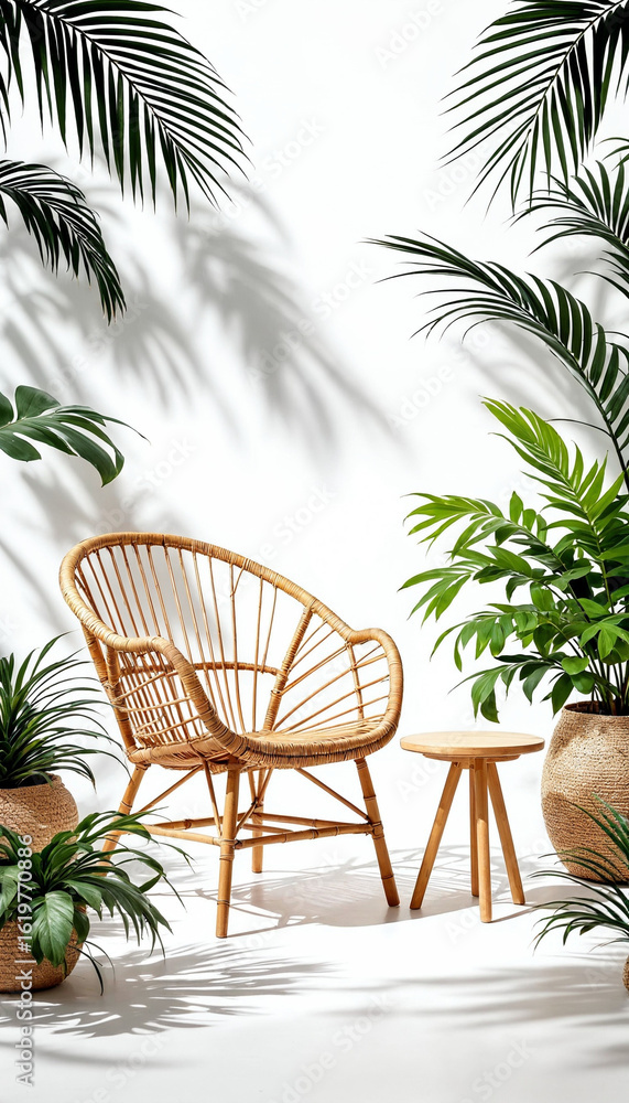 Fototapeta premium Minimal tropical bamboo furniture with lush plants on white background. 