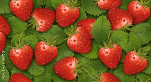Strawberry and Leaf Pattern Illustration Fresh Red Berries
