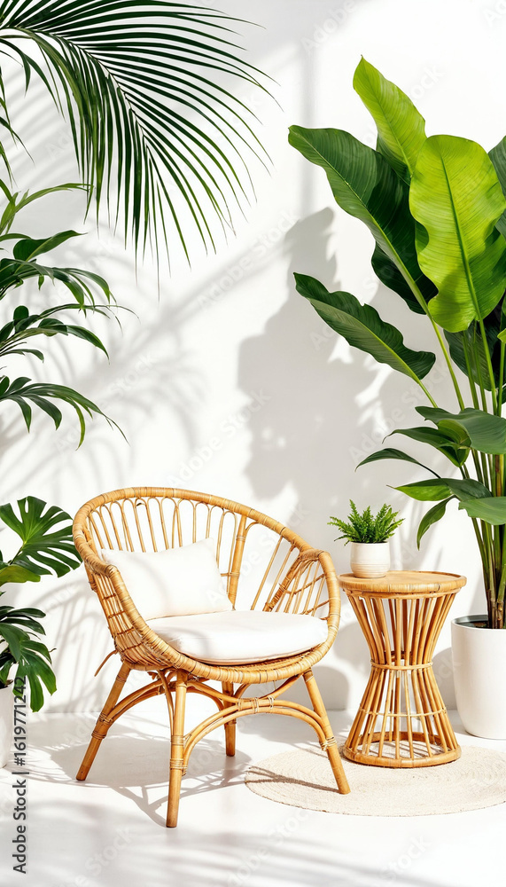Fototapeta premium Minimal tropical bamboo furniture with lush plants on white background. 