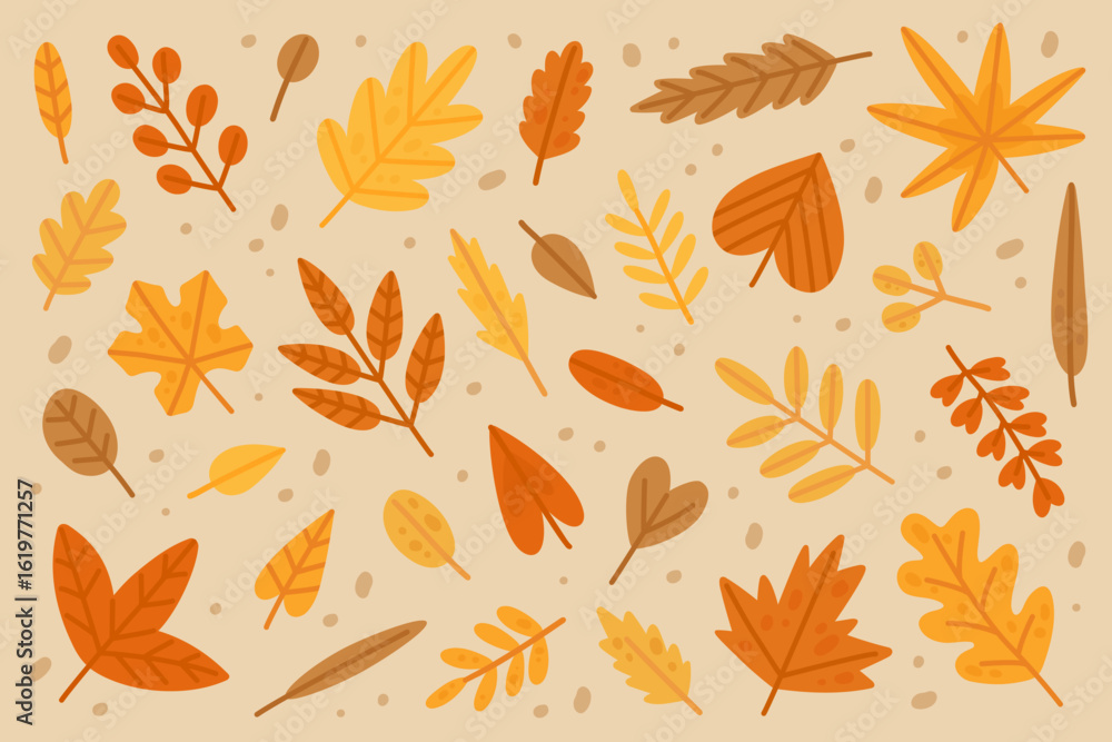 Fototapeta premium Big set of autumn leaves. Hand-drawn yellow leaves collection. Cartoon illustrations in flat style. Vector design elements