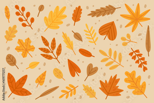 Big set of autumn leaves. Hand-drawn yellow leaves collection. Cartoon illustrations in flat style. Vector design elements