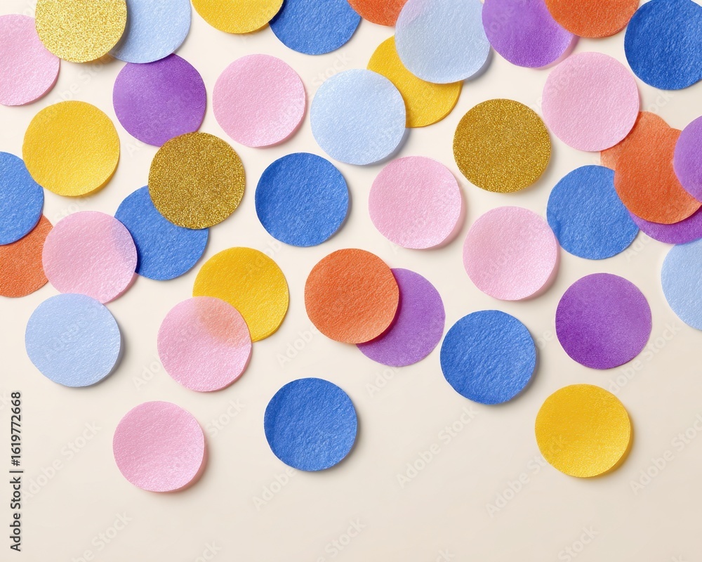Minimalist Celebration: Pastel Confetti on Cream Tabletop with Copy Space Minimalist Celebration: Pastel Confetti on Cream Tabletop with Copy Space