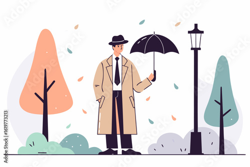 Elegancki mężczyzna w kapeluszu i płaszczu z parasolem na jesiennym spacerze w parku. Ilustracja w stylu retro, symbolizująca nostalgię i tajemnicę.