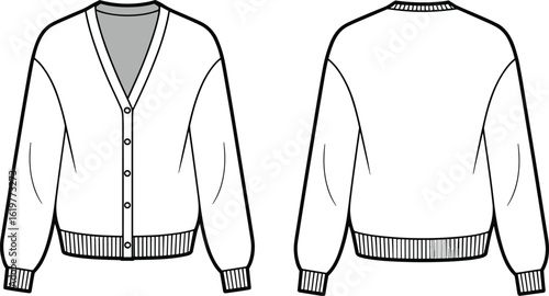 Button up cardigan, women’s fashion flat, front and back view, ribbed cuff sweater, technical fashion drawing, stylish outerwear template
