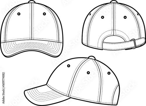 Baseball cap technical flat sketch, front back side view, adjustable strap, vector illustration for apparel design, headwear cad drawing
