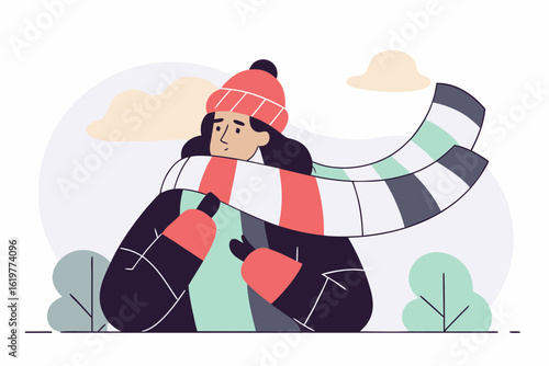 Kobieta w ciepłym ubraniu na wietrze. Ilustracja symbolizująca zimową pogodę, chłód i sezon przeziębień.