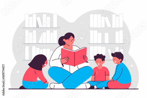 Nauczycielka czyta książkę grupie dzieci. Ilustracja symbolizująca edukację, rozwój i miłość do literatury.