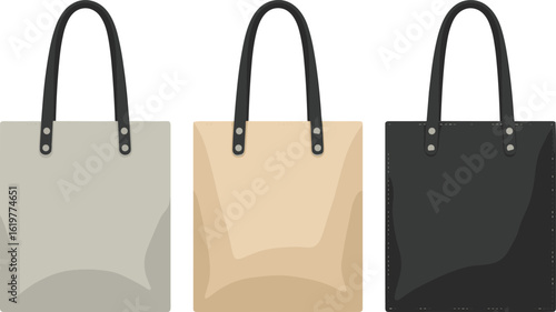 Cad drawing flat vector illustration of stylish tote bags with black handles, three color options, front view, fashion accessory design