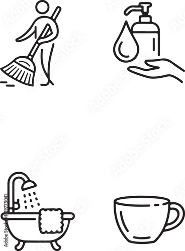 Cleanliness Vector Icons:  Simple Line Art Symbols of Broom, Soap, Bath, and Cup.