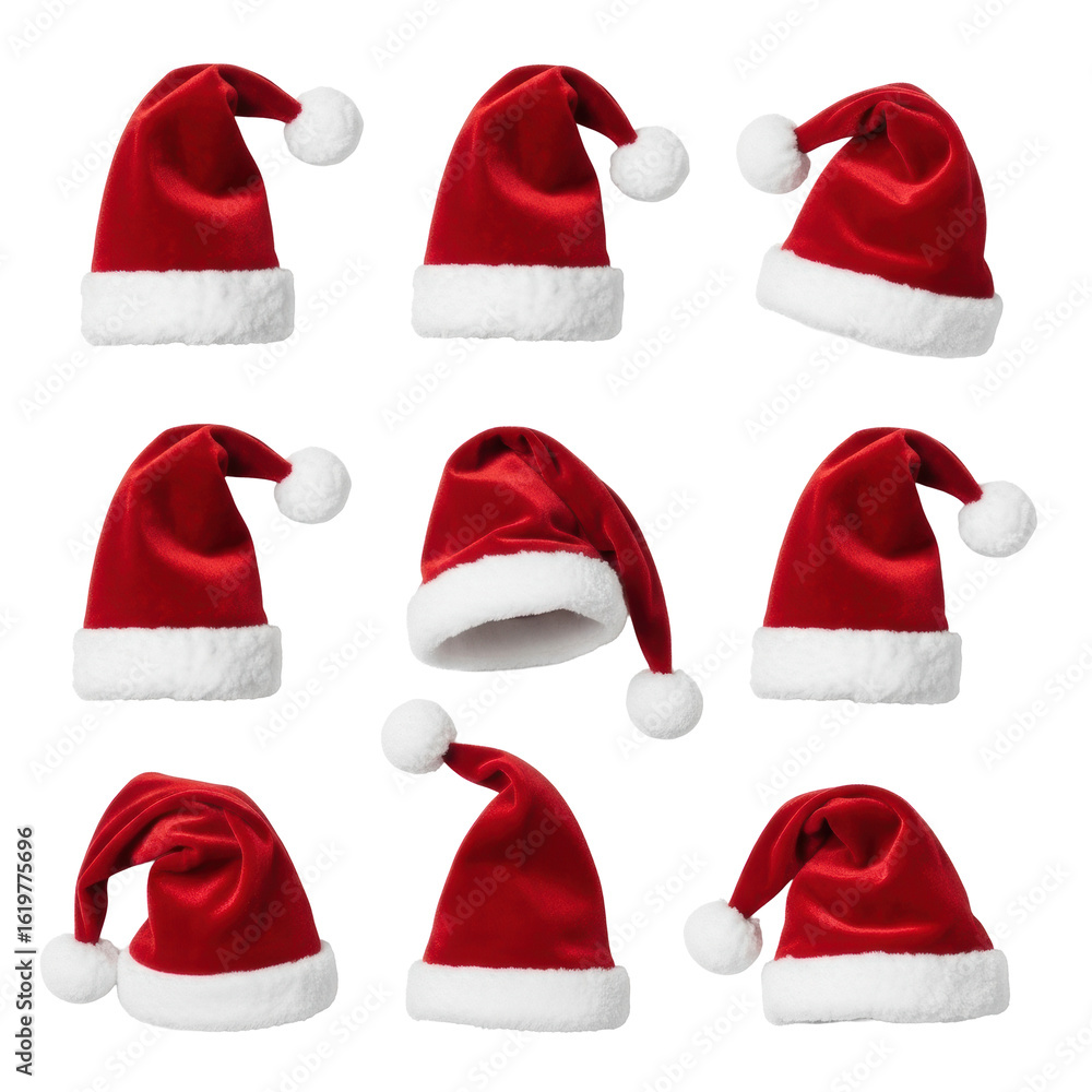 Eight plush red velvet Santa hats with white faux fur trim and pom-poms, individually arranged flat lay on a clean white seamless studio background with no shadows, sharp focus and vibrant colors. Eight plush red velvet Santa hats with white faux fur trim and pom-poms, individually arranged flat lay on a clean white seamless studio background with no shadows, sharp focus and vibrant colors.
