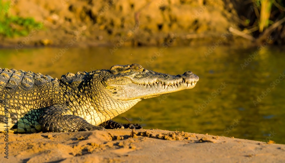 Fototapeta premium Crocodile by the riverbank at dawn