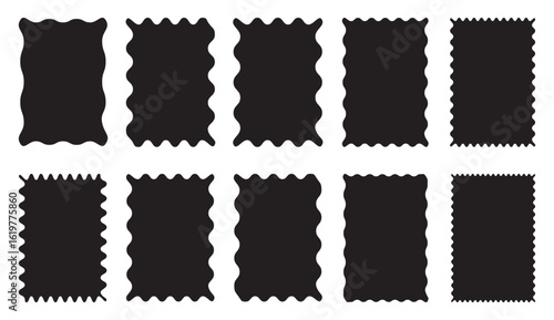 zigzag, frame, wave, squiggle, border, label, rectangle, wavy Colorful jagged rectangular shape box element set with zigzag edges. Color rectangle frames with wiggly borders.